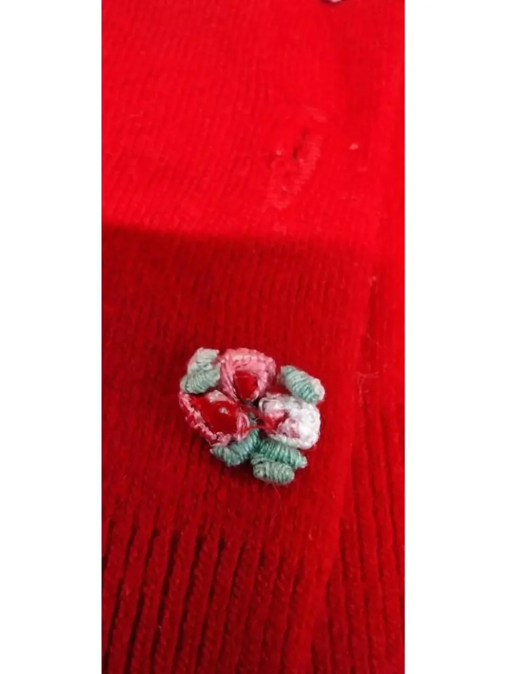 Vintage 60s 70s Girls Red Sweater Pullover Cardigan Buttons & Tiny Floral Patchs